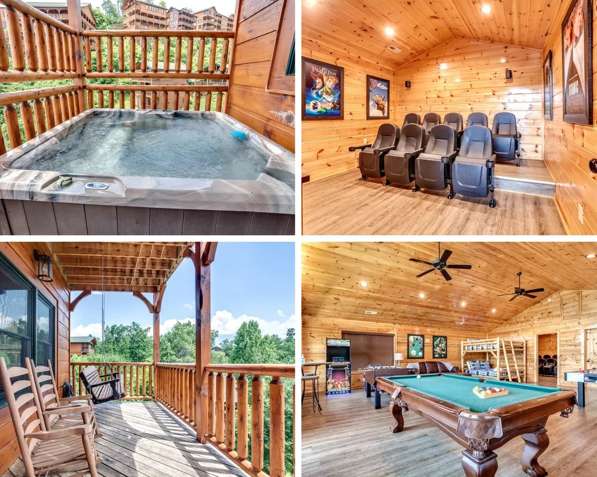 A spacious, multi-functional interior featuring a hot tub, home theater seating, a balcony with rocking chairs, and a pool table. The area is designed for relaxation and entertainment, with large windows letting in plenty of natural light and offering exterior views.